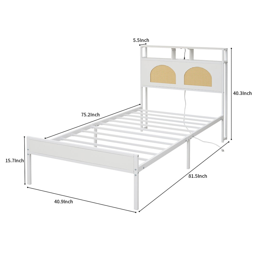 English Elm Twin Rattan Headboard Platform Bed with Rgb Lighting and Built-in Charging Station W1903P410742