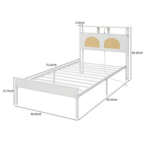 English Elm Twin Rattan Headboard Platform Bed with Rgb Lighting and Built-in Charging Station W1903P410742