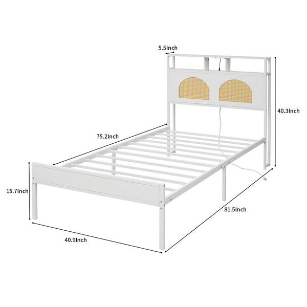 English Elm Twin Rattan Headboard Platform Bed with Rgb Lighting and Built-in Charging Station W1903P410742