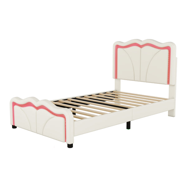 English Elm Twin Upholstered Platform Bed with Curved Headboard, Adjustable Heights, Sturdy Pine Frame, LED Accent Lights White WF323748AAK