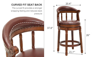 English Elm Seat 26.5" Cowtop Leather Swivel Bar Stool - Wooden Chair With Back For Home, Kitchen & Pub Use W2195P331495-GIGA