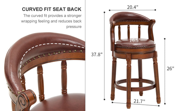 English Elm Seat 26.5" Cowtop Leather Swivel Bar Stool - Wooden Chair With Back For Home, Kitchen & Pub Use W2195P331495-GIGA