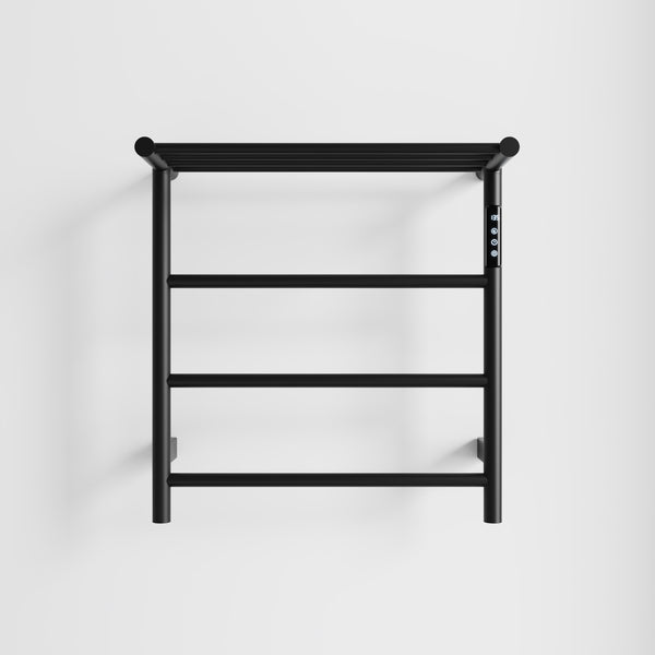 English Elm Heated Carbon-Fiber Towel Rack with Top Shelf and Timer, Rapid 3–7min Warmth, IPX4 Waterproof Black T3177P305030