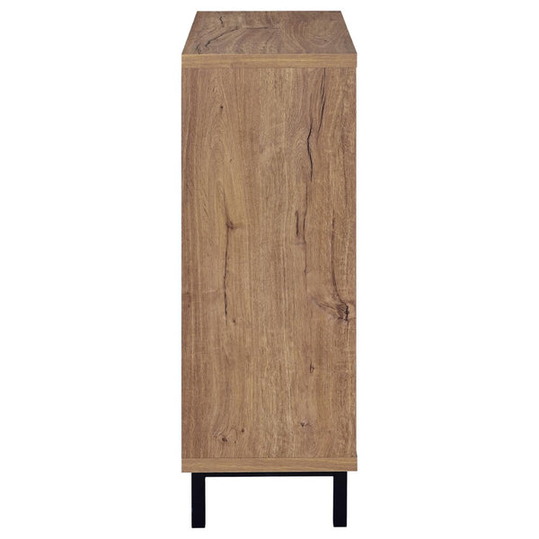 English Elm Stagg Oak Finish Shoe Cabinet with Cane Doors and Black Metal Legs for Entryway B062P451792