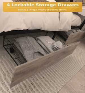 English Elm King Storage Bed with Led Lighting Charging Station Four Drawers Metal Slat Frame W2129P210693