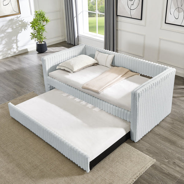 English Elm Twin Upholstered Daybed Sofa with Pull-Out Trundle, Plaid Corduroy Modern Style, Easy Assemble LIGHT GREY W487S00324
