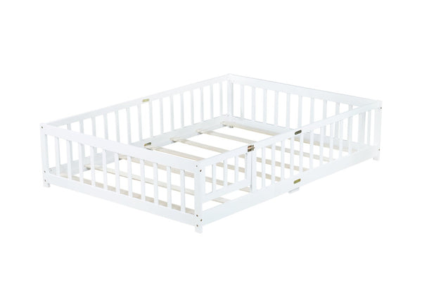 English Elm Full Size Rubberwood Floor Bed with Safety Guardrails and Latching Door for Toddlers White W504P429297