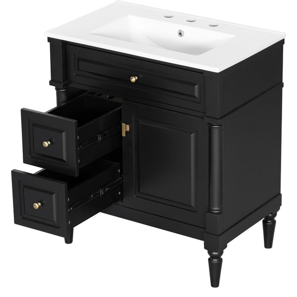 English Elm 30" Freestanding Bathroom Vanity Rubberwood Frame Ceramic Sink Flip Drawer Storage Black N725P356062B