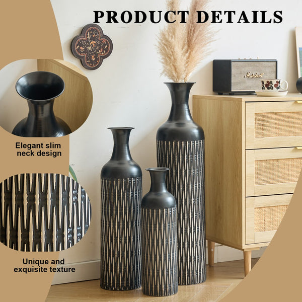 English Elm Decorative Matte Black Metal Floor Vase Trio Embossed Texture for Modern Living Spaces W2796P386870