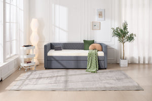 English Elm Twin Velvet Upholstered Daybed with Trundle, V-Pattern Backrest, USB Port, Side Pockets, Sturdy Design Grey W1361S00040