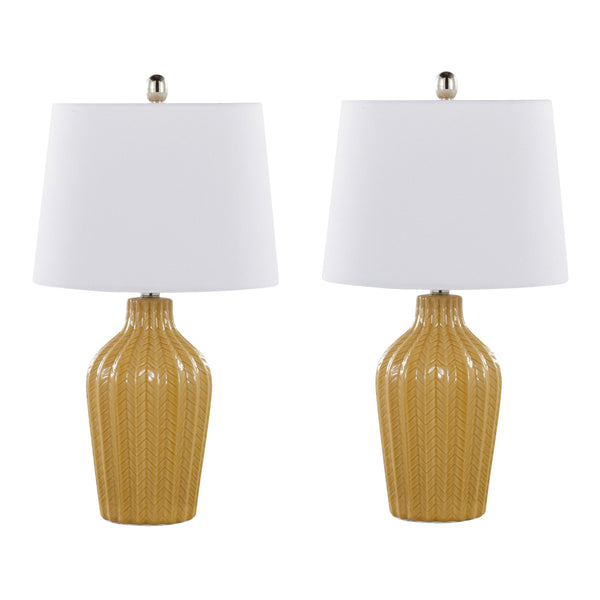 English Elm Rockwell 23" Contemporary Ceramic Table Lamp with Glossy Chevron Pattern, Polished Nickel Accents and White Linen Shade — Set of 2 Yellow B202P224025