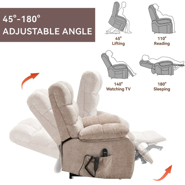 English Elm Lift Power Recliner Chenille Chair Dual Motor Massage Heat 350 Lb Capacity Living Room Beige W3224P288641