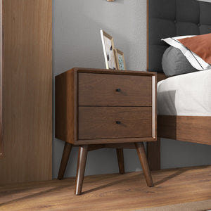 English Elm Ashcroft Furniture - Mid-Century Caroline Night Stand 2-Drawer Solid Walnut Brown Nightstand with Beveled Edges & Knobs, Compact Storage for Bedroom, Dorm, Office B183P231846