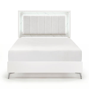 English Elm Glam Queen Bed Chenille Headboard with Led Lighting Faux Marble Chrome Legs B011S02252