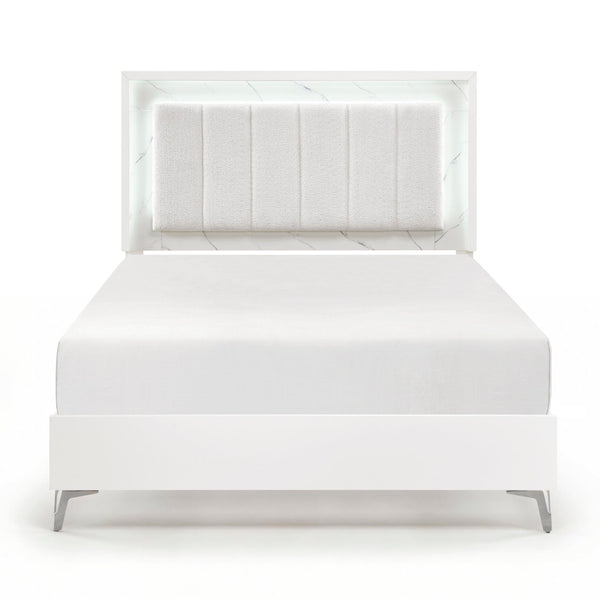 English Elm Glam Queen Bed Chenille Headboard with Led Lighting Faux Marble Chrome Legs B011S02252