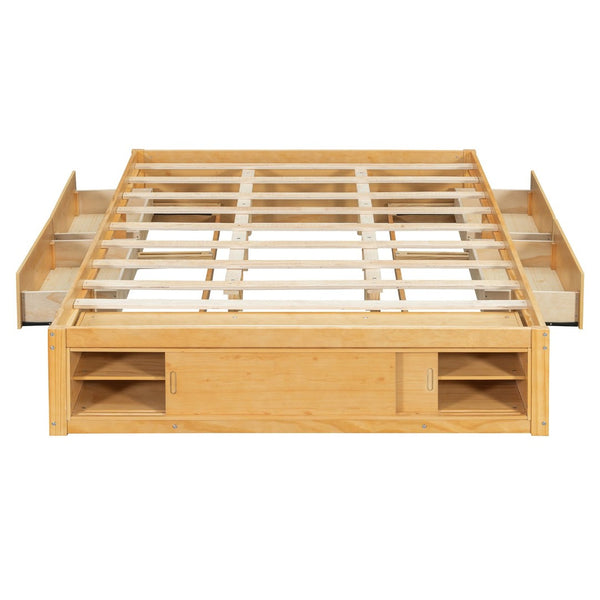 English Elm Queen Platform Bed with Four Storage Drawers Footboard Cubby Modern Low Profile Frame Natural LP000138AAN