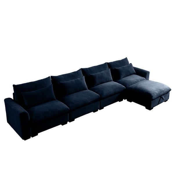 English Elm Large L Shape Sectional Corduroy Sofa with Deep Seats, Storage Ottoman, Ergonomic Support, Modular Comfort for Living Room Blue W714S00653