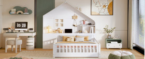 English Elm Full Size House Bed White Wood Frame with Drawers Shelves and Built in Usb Charging LT000423AAK-2