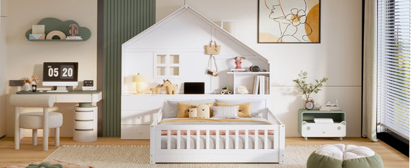 English Elm Full Size House Bed White Wood Frame with Drawers Shelves and Built in Usb Charging LT000423AAK-2