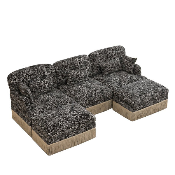 English Elm 100"comfy Chenille Leopard Print U-shaped Sectional with Tassel Trim and Modular Ottomans Khaki W5656S00024