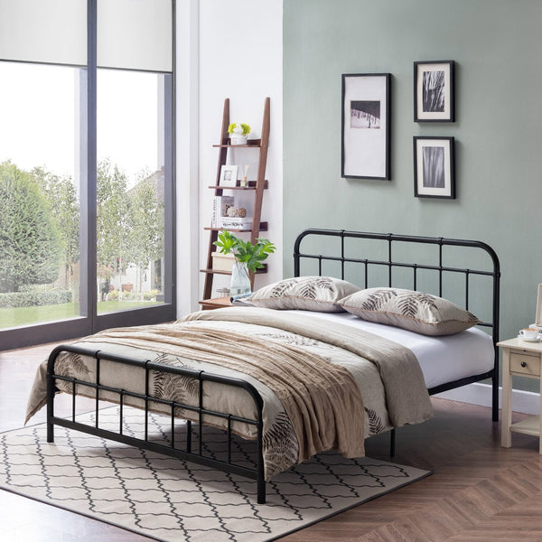 English Elm Queen Iron Platform Bed Pipe Style Frame No Box Spring Needed Industrial Loft Bedroom 64072.00FBLK-K