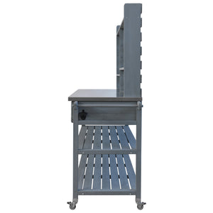 English Elm K&K 64.9" Outdoor Potting Bench with 1.2" Stainless Steel Top, Lockable Wheels, Hutch & Drawers Grey+Blue N707P228274G