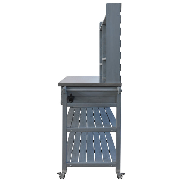 English Elm K&K 64.9" Outdoor Potting Bench with 1.2" Stainless Steel Top, Lockable Wheels, Hutch & Drawers Grey+Blue N707P228274G