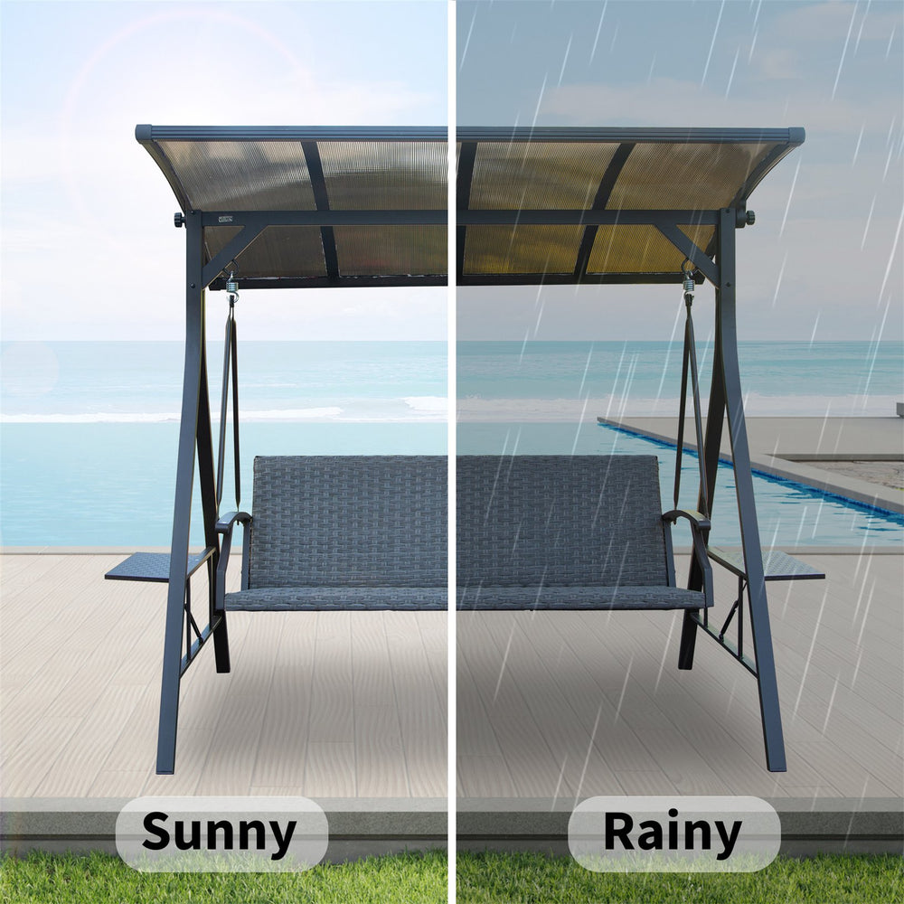 English Elm 3-Seat Wicker Porch Swing with Adjustable Polycarbonate Canopy, Steel Frame, Foldable Side Table, 850lb Capacity W1859S00119