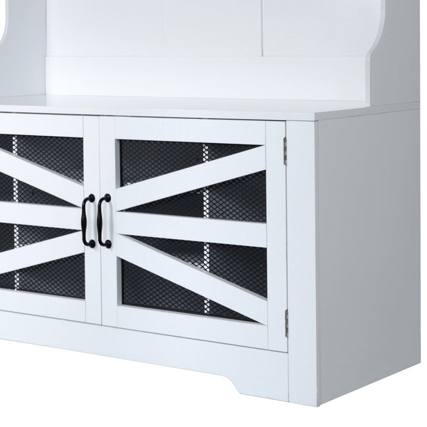 English Elm U-Can Entryway Bench with Coat Rack and Shoe Cabinet, 7 Hooks, Adjustable Shelves, Sturdy MDF White N724P264668K