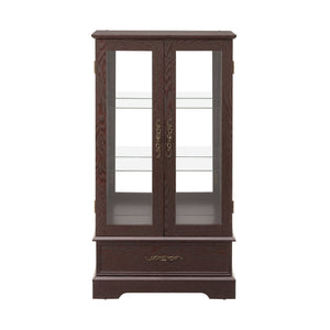 English Elm Glass Cabinet Vintage Carved Metal Handle Lighted Curio Display with Adjustable Glass Shelves, Drawer, Anti-Tip Strap Cherry W2275P178888