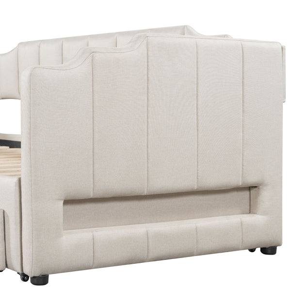 English Elm Twin Extendable Upholstered Daybed with Two Storage Drawers, LED Light, Slat Kit Included for Guests Beige N7500002061A