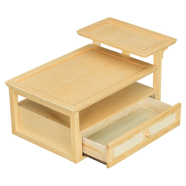 English Elm VIBE Rustic Rattan Coffee Table with 2 Tabletops, Adjustable Shelf and Spacious Drawer for Living Room Natural N724P232190N