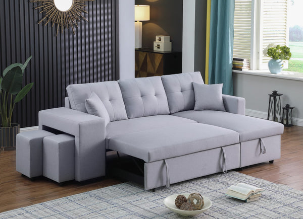 English Elm Dino Linen Tufted Sleeper Sectional with Reversible Chaise Storage and Two Ottomans Light Gray B2749S00202