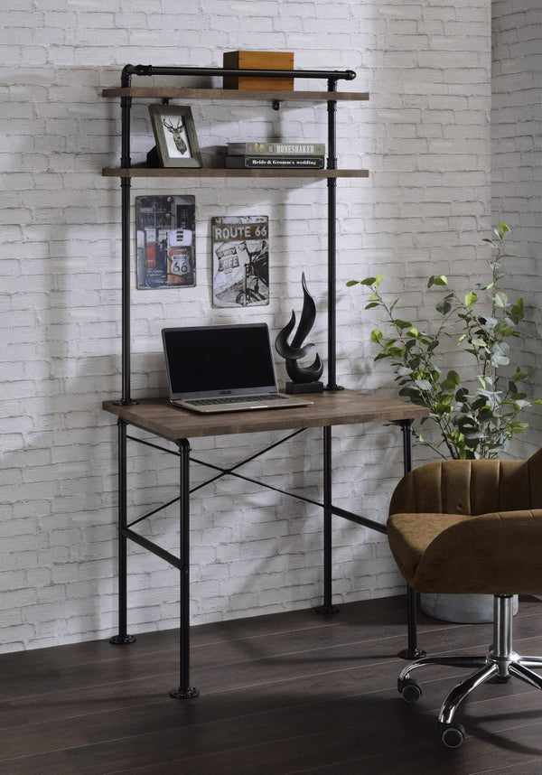 English Elm Rustic Oak And Black Writing Desk With 2 Shelves - Industrial Style For Home Office & Crafting B062P209208-GIGA