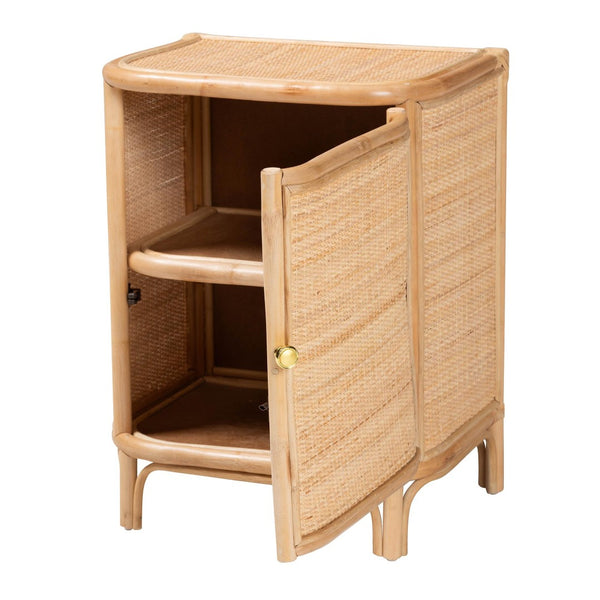 English Elm Bohemian Woven Rattan Nightstand with Geometric Drawer for Organic Bedroom Styling B2750P467731