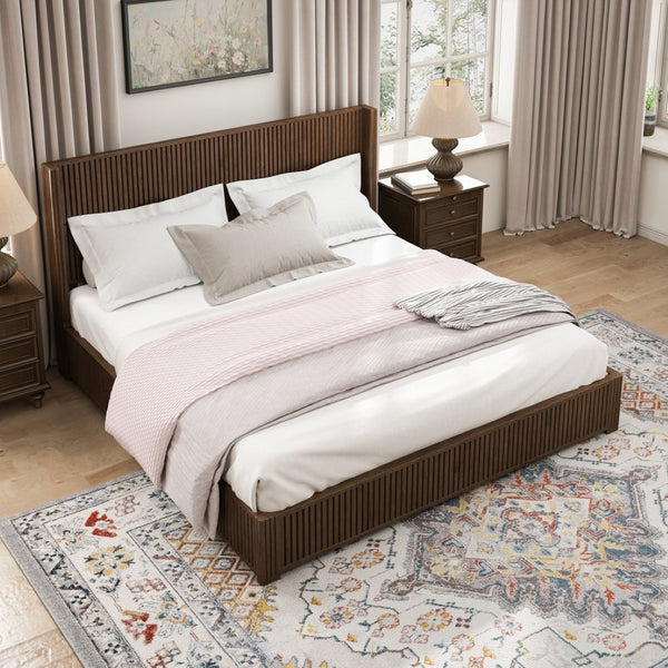 English Elm Solid Rubberwood Queen Platform Bed Low Profile Grain Veneer Frame No Box Spring W1716S00041