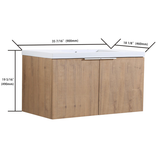 English Elm Modern 36-Inch Floating Bathroom Vanity with Resin Sink, Soft-Close Doors, Open Shelf, Eco Plywood Cabinetry W99950716