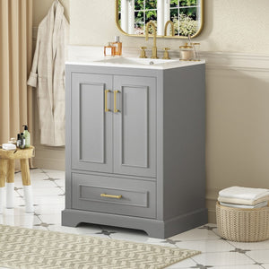 English Elm 24"bathroom Vanity Freestanding Gray Mdf Ceramic Sink Soft Close Storage Cabinet N729P321378E
