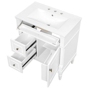 English Elm 30" Freestanding Bathroom Vanity Rubberwood Frame Ceramic Sink Flip Drawer Storage White N725P356062K