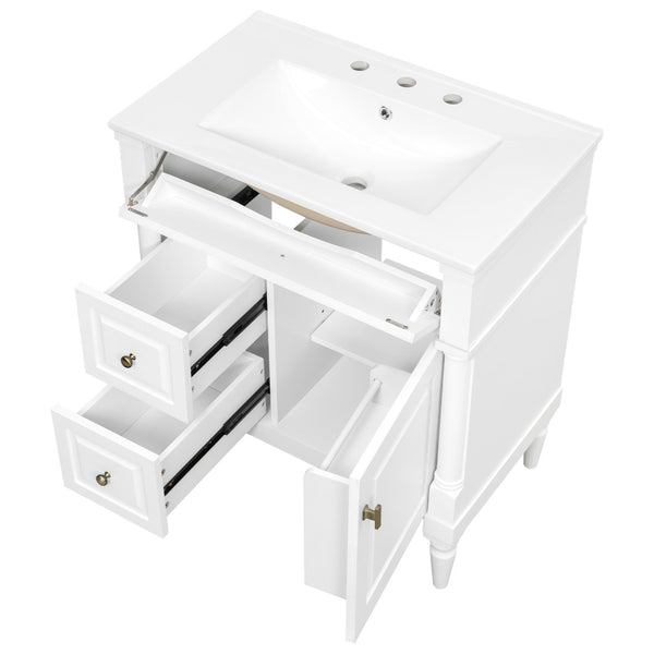 English Elm 30" Freestanding Bathroom Vanity Rubberwood Frame Ceramic Sink Flip Drawer Storage White N725P356062K