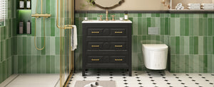 English Elm 30'' Bathroom Vanity with Ceramic Sink, Solid Wood Frame Retro Style Vanity with 3 Drawers & Gold Handles Black N710P246209B