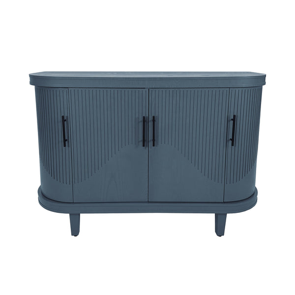 English Elm Modern Curved Sideboard Solid Wood Console Table with 4 Doors, Adjustable Shelves & Zinc Handles for Living Room Storage Scandi Style, Durable 220lb Top Capacity Blue W757P190337