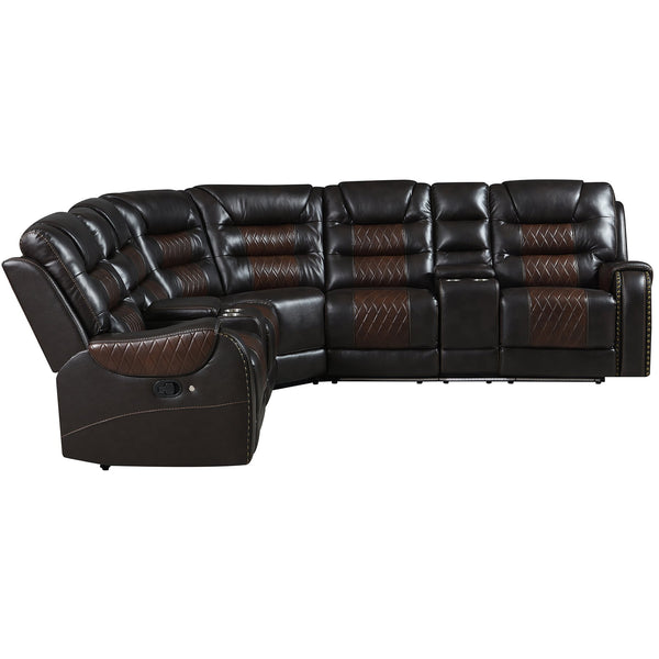 English Elm 113.5" Manual Reclining Sectional Sofa Set L-Shaped Symmetrical Motion Couch with LED Strip, 4 Cup Holders, Storage Boxes and Durable PU Leather Frame Black+Brown N719S001150D