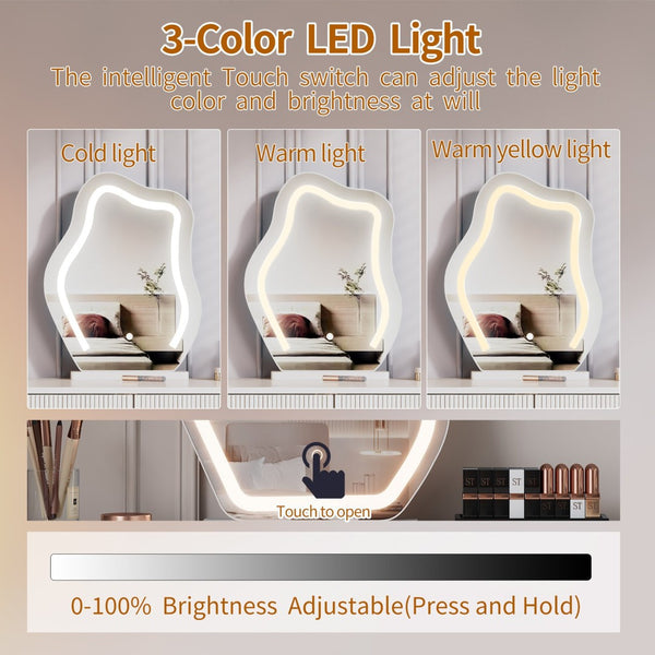 English Elm Adjustable-length Makeup Vanity with Cloud Led Mirror Ribbed Drawers and Modular Storage W3767P441919
