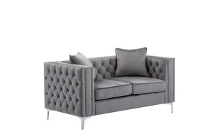 English Elm Noir Gray Velvet Loveseat with Button Tufting Nailhead Trim and Chrome Legs B2749S00134