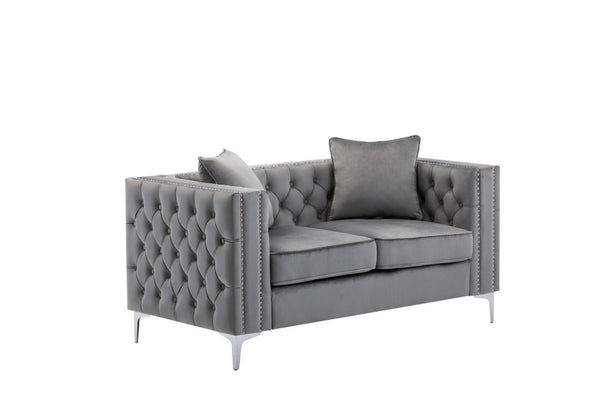 English Elm Noir Gray Velvet Loveseat with Button Tufting Nailhead Trim and Chrome Legs B2749S00134