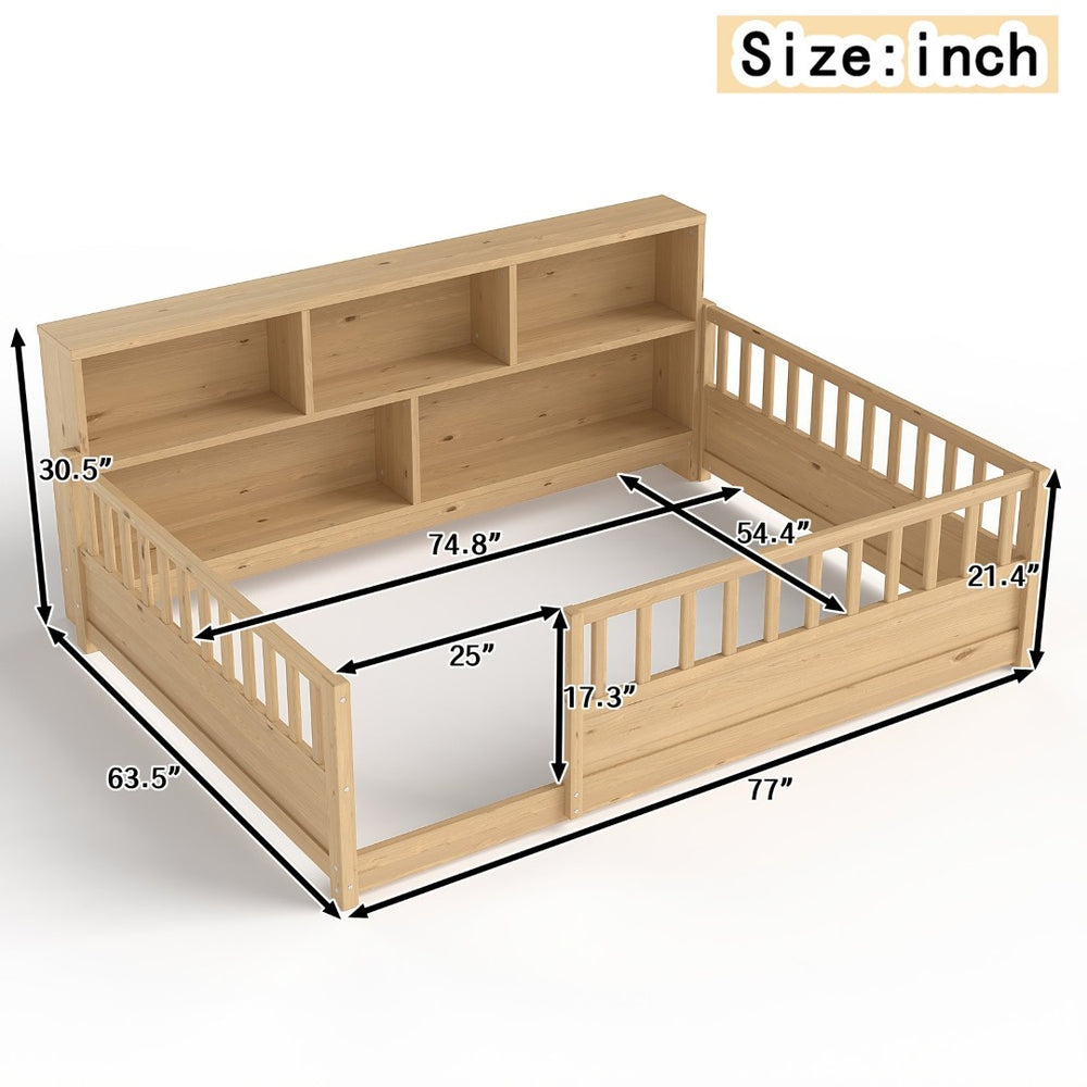English Elm A Pine Floor Bed Twin Frame with Fence Guardrail and Shelf for Kids Rooms Natural W1858P410404