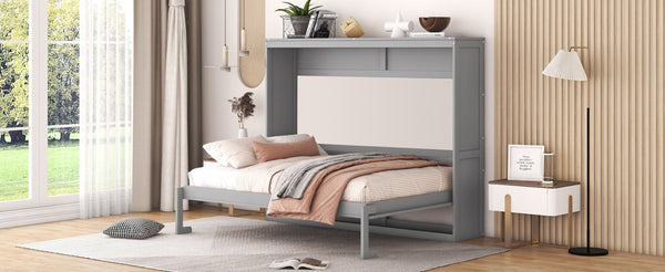 English Elm Full Size Murphy Wall Bed with Cabinet Dual Piston Folding Mechanism for Studio Spaces Gray LP000664AAE-2
