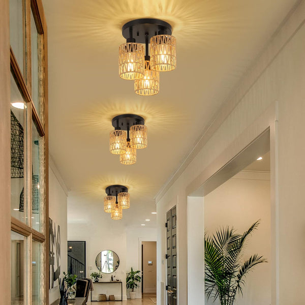 English Elm Flush Rattan 3-Light Semi Flush Mount Ceiling Light Fixture – Handwoven Eco Boho Farmhouse Chic Ambient Brown W2738P185408