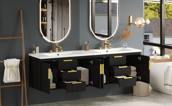 English Elm 72'' Wall Mounted Bathroom Vanity with 4 Drawers & Double Cabinets, Waterproof MDF, Smooth Slide Rails Black N710SS00009B